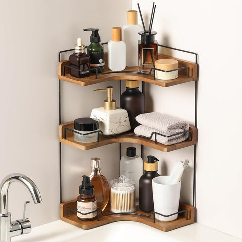 Snuvid 3-Tier Bathroom Counter Organizer, Wooden Corner Shelf for Vanity Countertop Skincare &