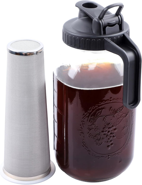 Cold Brew Mason Jar Coffee Maker, 64 Oz Wide Mouth Pitcher with Airtight & Leak-Proof Coffee Filter