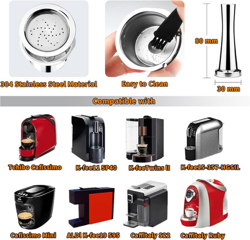 Stainless Steel Reusable Espresso Capsules for K Fee Pods, Includes 30mm Tamper, Spoon, and Brush