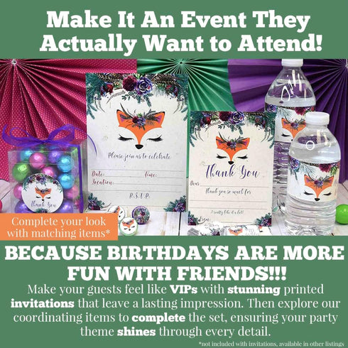 Woodland Forest Fox Face Floral Birthday Party Invitations - 20 Fill In Cards with White Envelopes by AmandaCreation