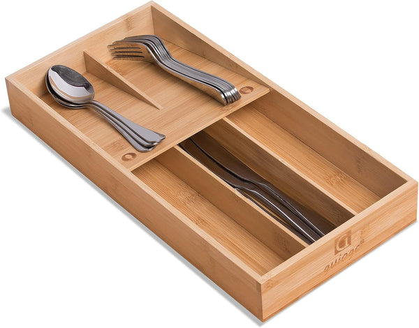 Bamboo Silverware Organizer, Kitchen Drawer Utensil Tray Holder for Spoons, Forks, and Knives