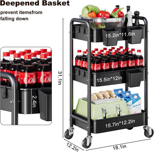 Aofure 3 Tier Rolling Cart on Wheels, Metal Utility Storage Cart with Wheels, Three Tiered Craft Carts Organizer