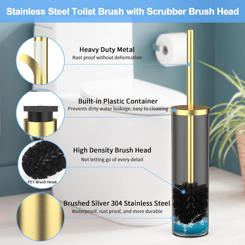 Flyzenvibe Set Stainless Steel Toilet Brush and Holder Brushed Gold Heavy Duty Toilet Bowl Brush with Long Handle