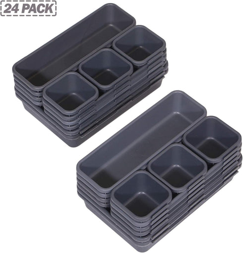 Set of 24 Interlocking Plastic Desk Drawer Organizer Tray Dividers for Shallow Narrow Drawers, Storage Bins for