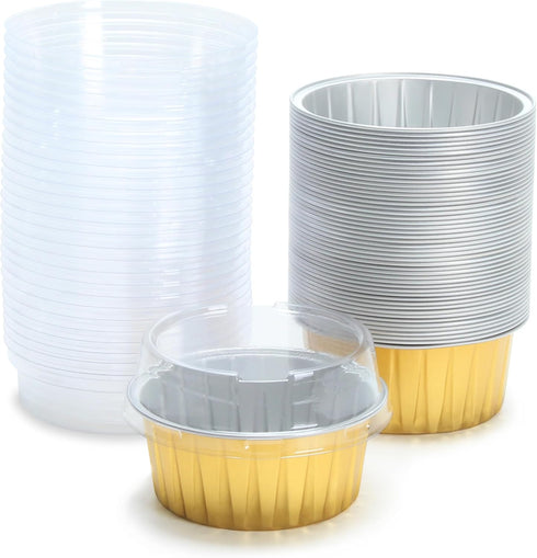 Aluminum Cups with Lids, 4.2oz 50Pcs Gold Disposable Cake Pans, Mini Cake Pans for Party, Wedding, Birthday