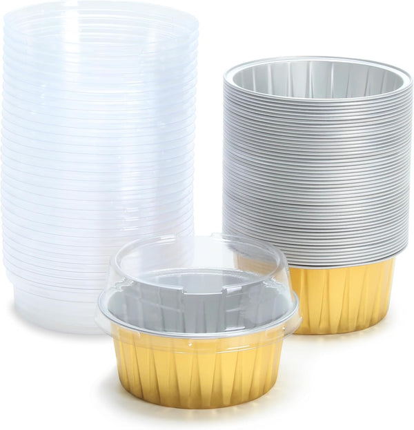 Aluminum Cups with Lids, 4.2oz 50Pcs Gold Disposable Cake Pans, Mini Cake Pans for Party, Wedding, Birthday