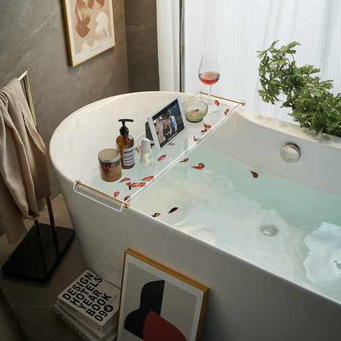 Beelee Bathtub Tray Clear Caddy Rack, Acrylic Tub Tray with Gold Rails for Book, Phone, Candle, Wine