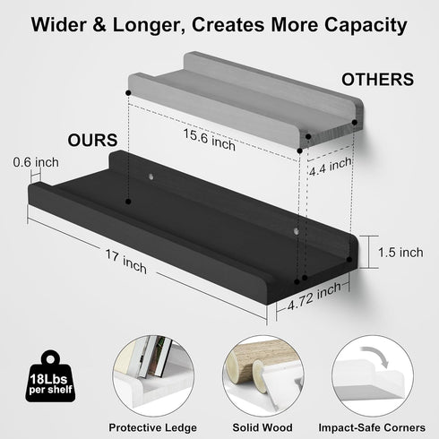 Set 2, 17 Inch Love-KANKEI Floating Shelves Wall Mounted of Rustic Wood Wall Shelves for for Storage, Bedroom Living