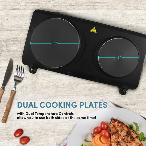 Elite Gourmet EDB-302BF# Electric Hot Plate, Countertop Double Cast Iron Burner, 1500 Watts, Black