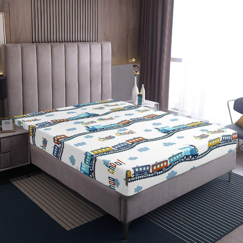 Set 3Pcs Sheet,2 Colorful Train Fitted Sheet Full Size Cartoon Car Bedding Blue Train Tracks Cloud Bed Sheet for Kids