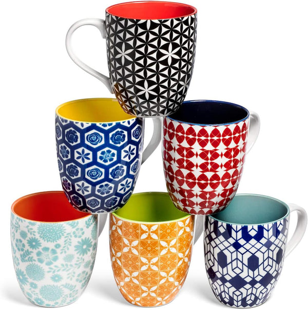 Annovero Large Coffee Mug Set of 6 - Porcelain Cups for Women