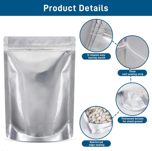 50 Packs Window,1 QUART(9.44 7"x 10") 400CC Mylar Bags for Food Storage with Clear Mil, Reusable Mylar Bags with Oxygen