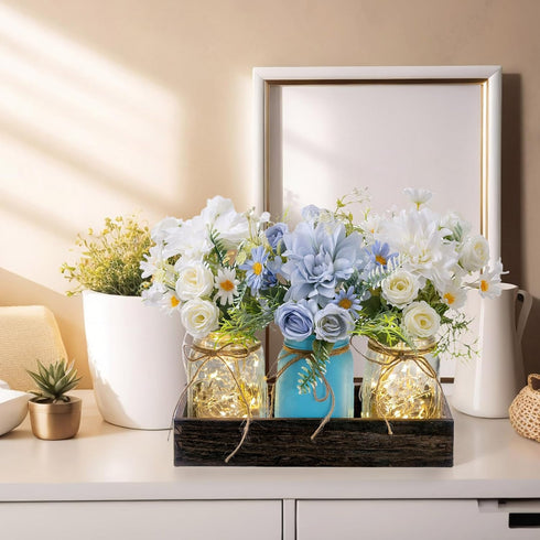 3PCS LUEUR Artificial Flowers Blue Dahlia in Mason Jars with Wood Tray for Dining Table Coffee Table Farmhouse Home