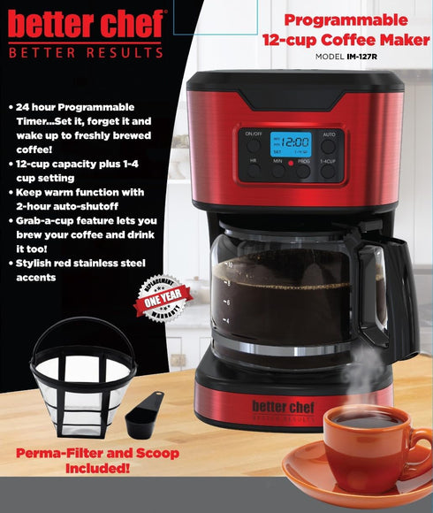 Better Chef Programmable 12-Cup 1-4 Setting 2hr Coffee Maker | Cup | Auto-Pause to Serve | Keep Warm | Perma-Filter |