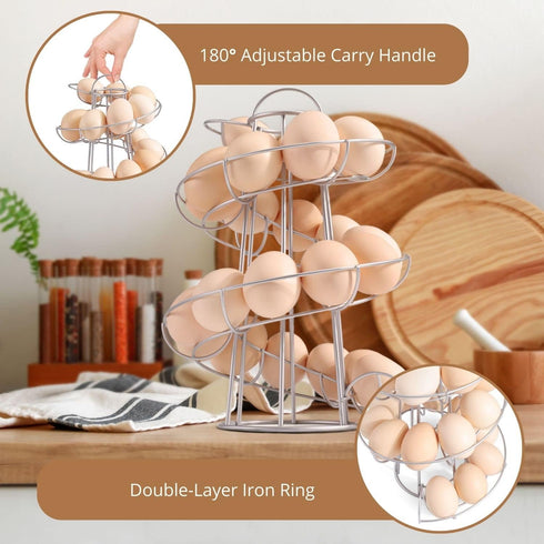Flexzion Egg Skelter, Modern Spiral Countertop Egg Holder for Fresh Eggs, Freestanding Storage Rack, Silver