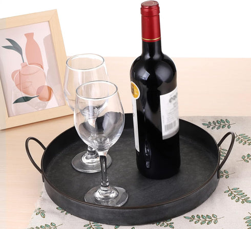 Hipiwe Set 2 13.6 inch 12.2 inch of Industrial Style Metal Iron Serving Tray with Handle, Rustic Galvanized Storage