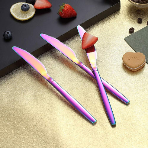 HOMQUEN Rainbow Dinner Knives, 4 Pieces, 9" Stainless Steel Modern Design with Colorful Titanium Plating