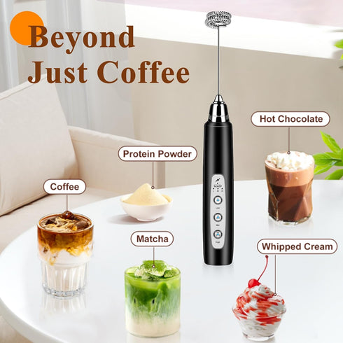 Milk Frother Handheld Rechargeable, Electric Whisk for Coffee, Detachable with 3 Stainless Whisks, Black