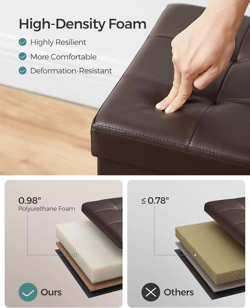 SONGMICS Folding Storage Ottoman Bench 30 Inches, Faux Leather, Brown, Footstool with Flipping Lid, ULSF45BR