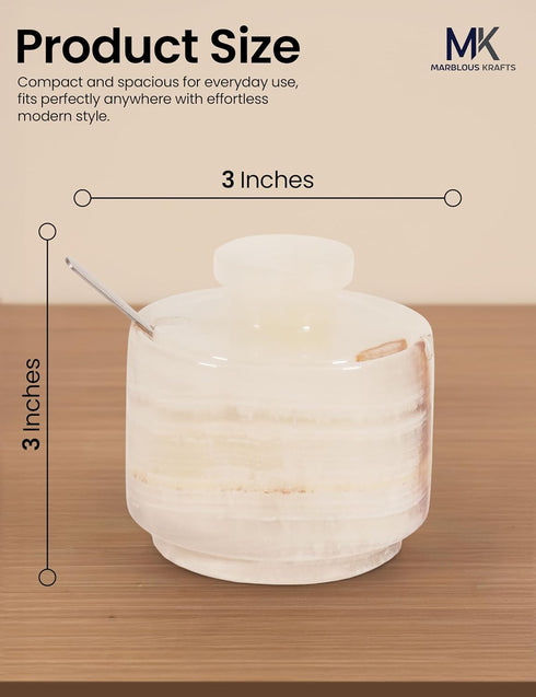 Spoon3 Inch Countertop Salt Cellar with Lid and White Onyx Salt and Pepper Dish, Marble Sugar and Salt Bowls, Ideal
