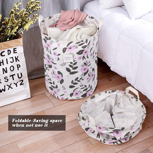 UUJOLY Collapsible Laundry Basket, Waterproof Round Cotton Linen Hamper - 19.7x15.7 inches, Purple