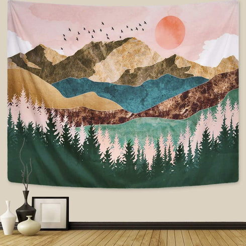 ARFBEAR Mountain Tapestry - Forest Tree Wall Hanging Tapestry Nature Landscape Green and Brown Beach Blanket (Large-79