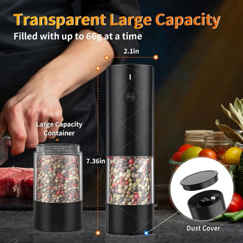 Electric Salt and Pepper Grinder, USB Rechargeable with Warm LED Light, Adjustable Coarseness, Large Capacity, Black