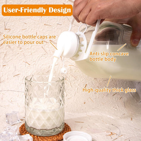 LOSANJI 64 Oz 1/2 1 Pack Glass Milk Bottles with Nut Milk Bag & Pour Spout & Airtight Lids & Brush- Gallon Heavy Duty
