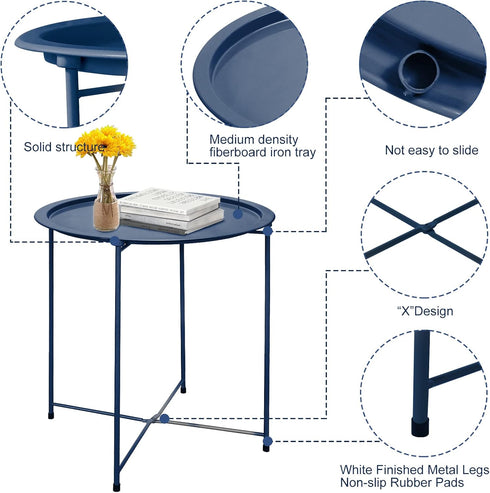 4 Garden you End Table Metal Side Table Blue Round Folding Tray Cyan Sofa Small Accent Fold-able Table, Round End Table