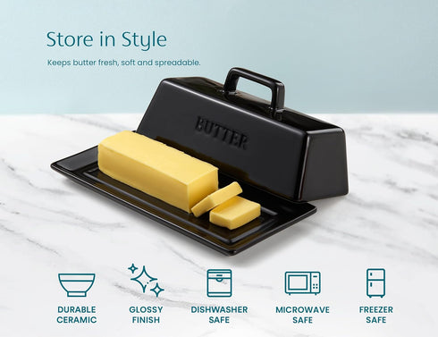Kook Ceramic Butter Dish with Lid for Countertop, Microwave and Dishwasher Safe Butter Keeper, Black Butter Container