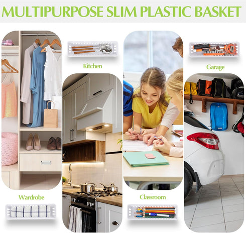 Domensi 12 Pack Slim Plastic Storage Baskets - 10.25 x 3.25 x 2.5 Inch Small Classroom Storage Bins for Desk Garage