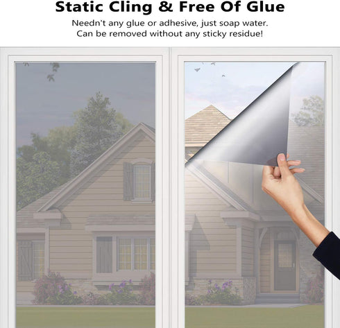 HooTown One Way Window Tint for Home, Daytime Privacy Mirror Film, Static Non-Adhesive, Heat Control, Anti UV (Silver,