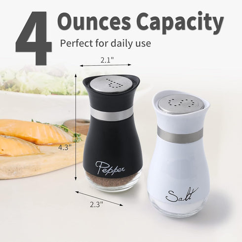 Lonffery Salt and Pepper Shakers Set - 4 oz Farmhouse Spice Dispenser with Glass Bottom, Black and White, Set of 2