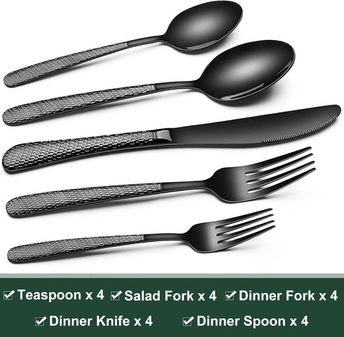 Black Hammered Silverware Set, 20-Piece Stainless Steel Heavy Duty Flatware Set for 4, Food-Grade Tableware Cutlery Set, Utensil Sets for Home Restaurant, Mirror Finish by EWFEN