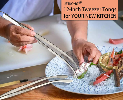 JETKONG 2 Pcs 12'' Curved Kitchen Tweezers Stainless Steel Long Tweezer Tongs Professional Chef Tweezers for Cooking, Grilling and BBQ (Silver) by JETKONG