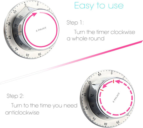 Kitchen Timer, 60 Minute Mechanical Stainless Steel Cooking Timer with Magnetic Loud Alarm (1 Pack)