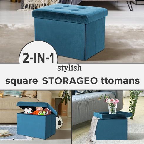 17x13x13in(Blue) LINMAGCO Storage Ottoman Folding Foot Stool Velvet Foot Rest with Padded Modern Ottoman with Storage