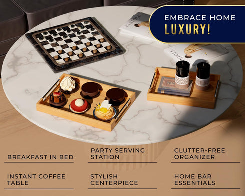 2-Piece Set 12"x17" Comfify Decorative Bamboo Serving Trays with Silver Stainless Steel Handles for Coffee Table