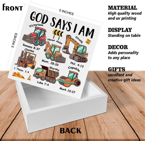 Qlnuk Religious God Says I Am Construction Wood Block Sign Nursery Bible Verse Truck Decor for Home Table Desk Shelf
