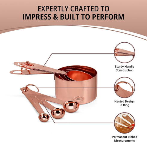 Copper Measuring Cups and Spoons - Stainless Steel 9 Pieces with 2 Rings