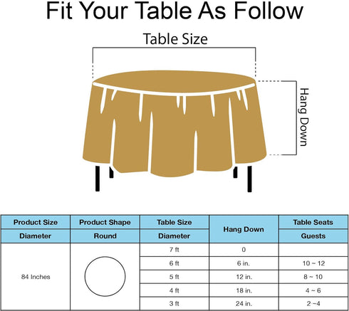 Gold Plastic Tablecloths 2 Pack, Disposable Table Covers 84 Inch Circle for Bridal Shower Party, PEVA Vinyl