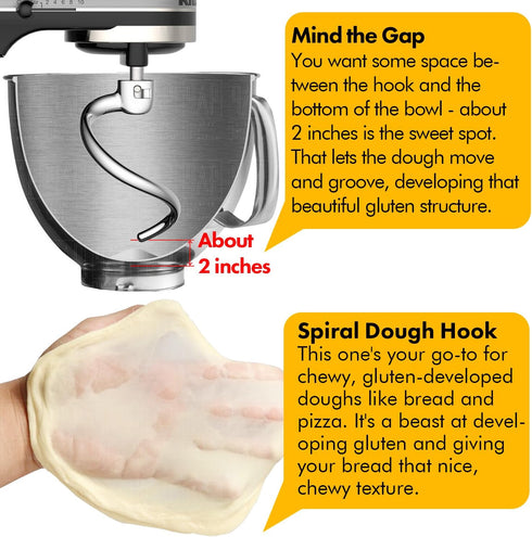 Stainless Steel Spiral Dough Hook for KitchenAid Mixers, Accessories for 6 QT Tulip Shaped Bowl