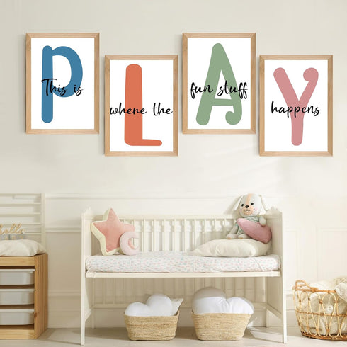Set 4 12x16' of Framed Kids Playroom Wall Art Prints, Toddler Nursery Children Artwork for Kids Bedroom Decoration