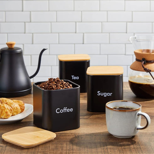 Juvale Coffee Tea Sugar Container Set - Black Iron Square, 3 Pack, 48 oz Each - Kitchen Canisters with Tight Seal Lids