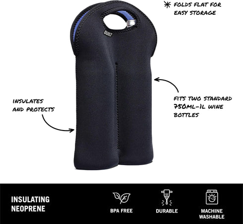 BUILT 2B-BLK Neoprene Wine/Water Bottle Carry Tote, 2-Bottle, Stain Resistant, Black