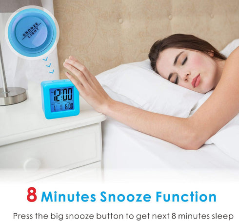 Plumeet Digital Alarm Clock for Kids, Snooze and Nightlight, Easy Setting Silicone Clock, Battery Powered (Blue)