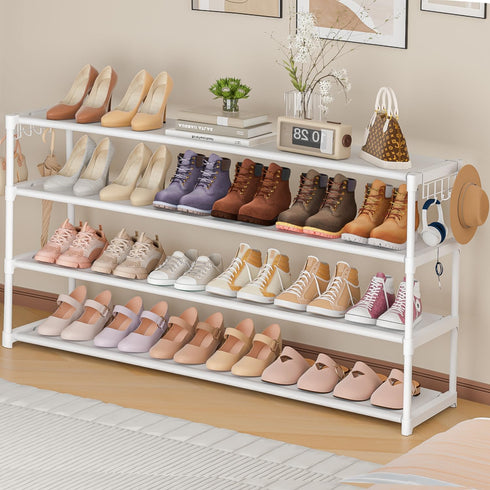 4 2 Closet 26Pairs, LUKYTOWER Extra Long Shoe Rack Tier Shoe Storage Organizer with Hooks, Wide Stackable Shoe