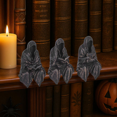Reading Statue Suriel Bookshelf Figure Set of 3, Gothic Fantasy Black Robe
