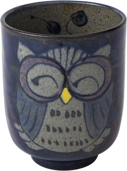 ????(Saikaitoki) Hasamiyaki 83972 Yunomi Cup - Large, Hand-painted Owl Pattern, Blue