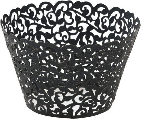 KPOSIYA 120 Pack Artistic Cupcake Wrappers, Black Laser Cut Cake Paper Cups for Wedding Baby Shower Birthday Decoration